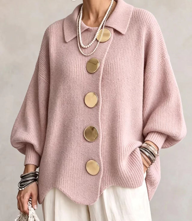 Women's Oversized Cardigan with Big Buttons and Scalloped Hem