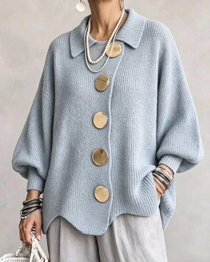 Women's Oversized Cardigan with Big Buttons and Scalloped Hem