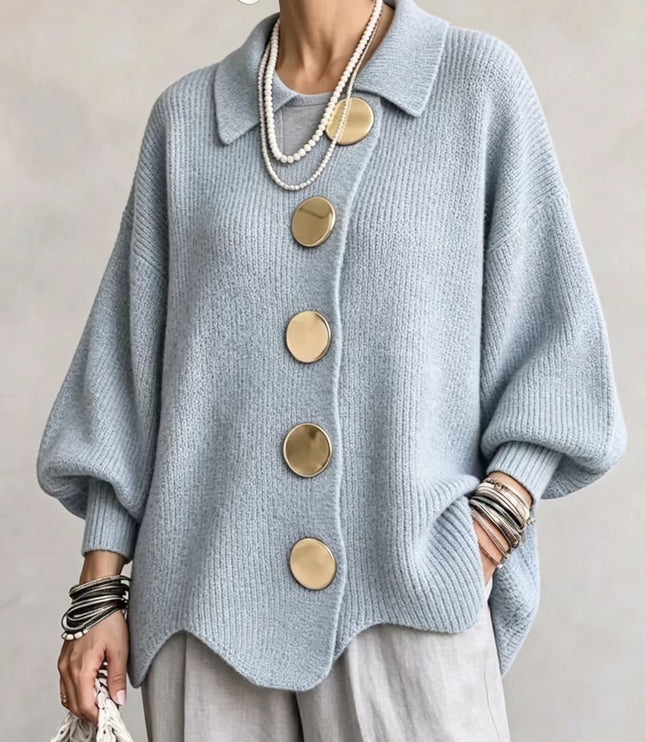 Women's Oversized Cardigan with Big Buttons and Scalloped Hem
