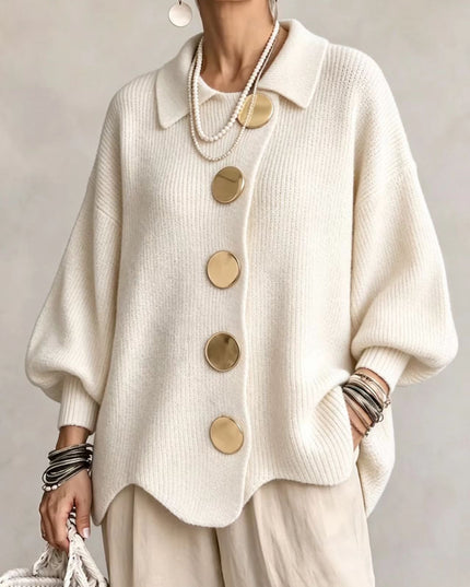 Women's Oversized Cardigan with Big Buttons and Scalloped Hem
