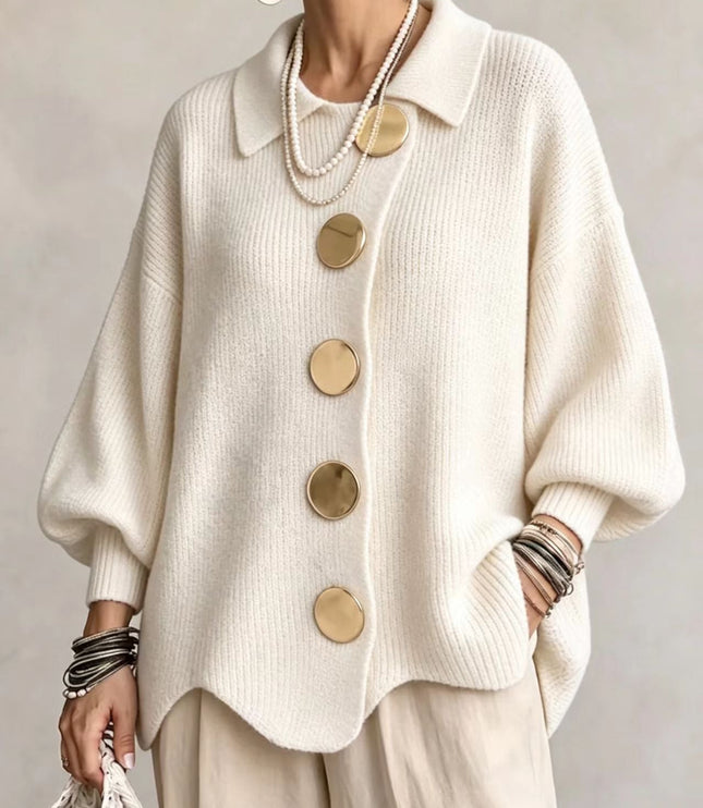 Women's Oversized Cardigan with Big Buttons and Scalloped Hem