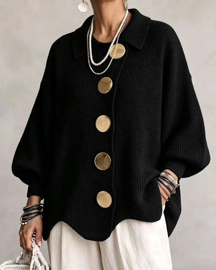 Women's Oversized Cardigan with Big Buttons and Scalloped Hem