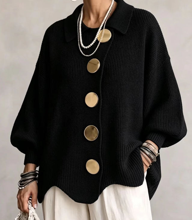 Women's Oversized Cardigan with Big Buttons and Scalloped Hem