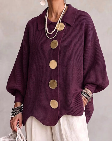 Women's Oversized Cardigan with Big Buttons and Scalloped Hem