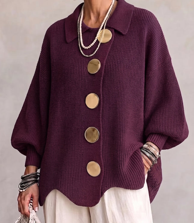 Women's Oversized Cardigan with Big Buttons and Scalloped Hem