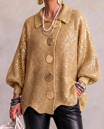 Women's Oversized Cardigan with Big Buttons and Scalloped Hem