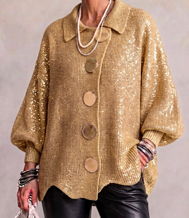 Women's Oversized Cardigan with Big Buttons and Scalloped Hem