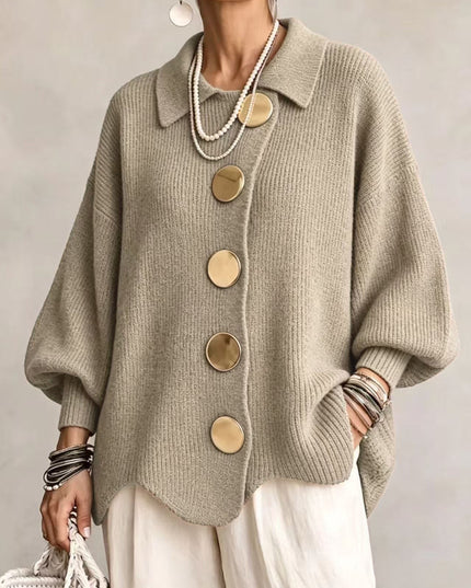 Women's Oversized Cardigan with Big Buttons and Scalloped Hem