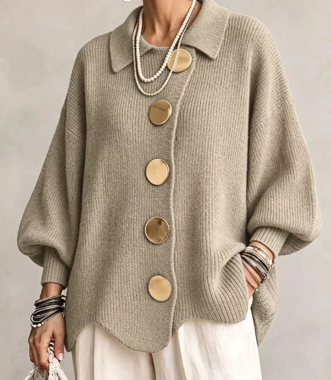 Women's Oversized Cardigan with Big Buttons and Scalloped Hem