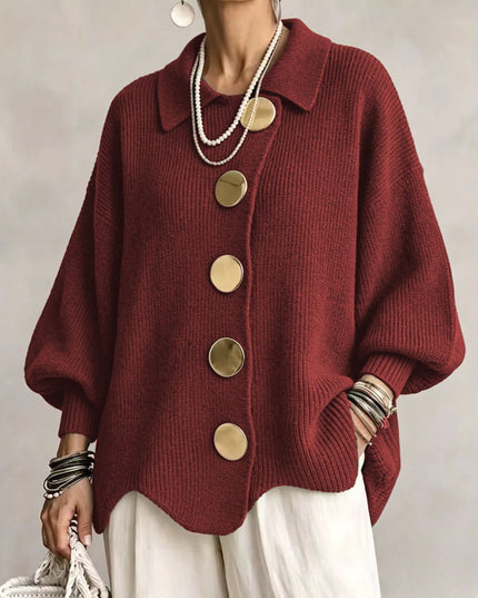Women's Oversized Cardigan with Big Buttons and Scalloped Hem