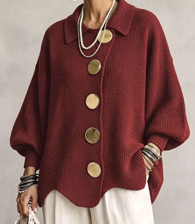 Women's Oversized Cardigan with Big Buttons and Scalloped Hem