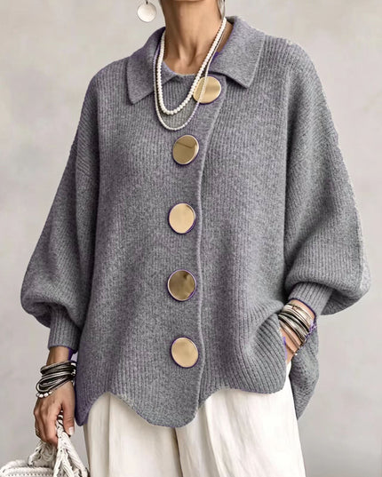 Women's Oversized Cardigan with Big Buttons and Scalloped Hem
