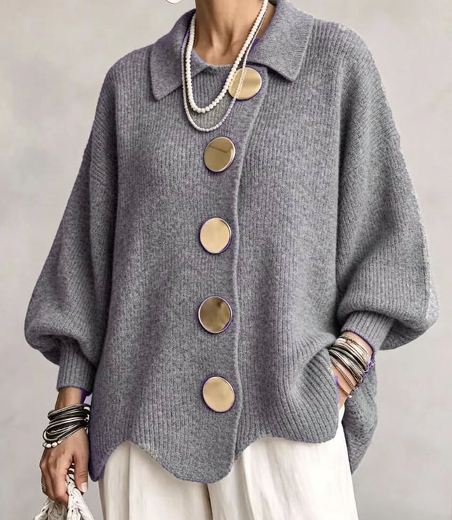 Women's Oversized Cardigan with Big Buttons and Scalloped Hem