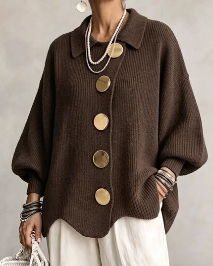 Women's Oversized Cardigan with Big Buttons and Scalloped Hem