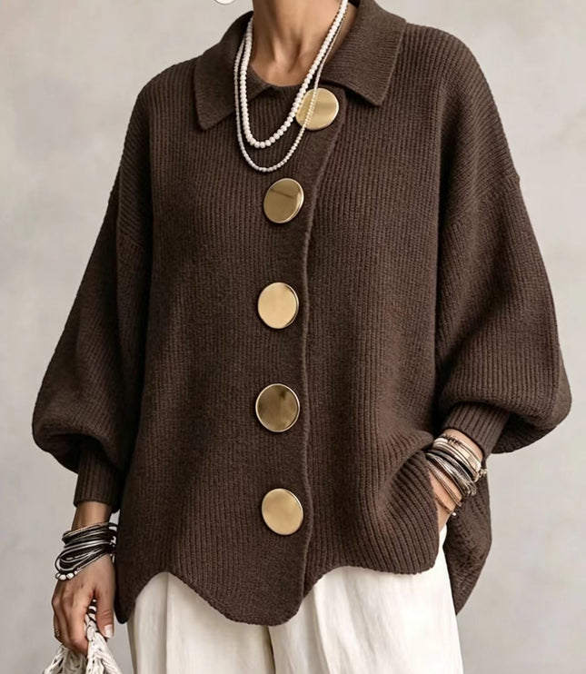 Women's Oversized Cardigan with Big Buttons and Scalloped Hem