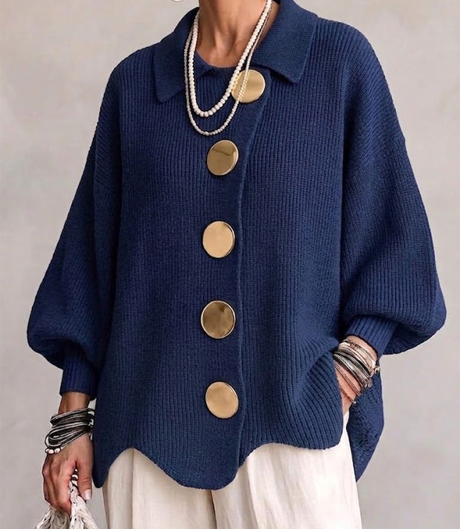 Women's Oversized Cardigan with Big Buttons and Scalloped Hem