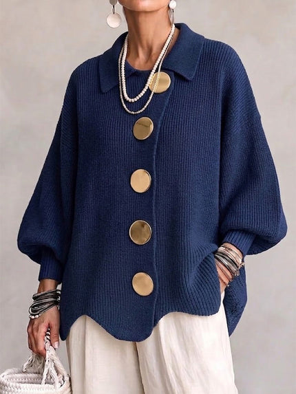 Women's Oversized Cardigan with Big Buttons and Scalloped Hem
