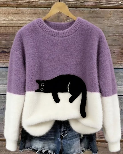 Women's Oversized Colour Block Jumper with Cat Motif