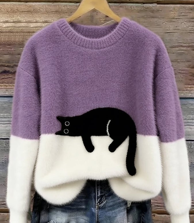 Women's Oversized Colour Block Jumper with Cat Motif
