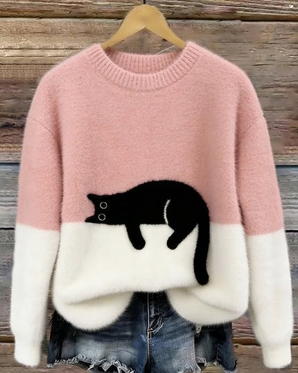 Women's Oversized Colour Block Jumper with Cat Motif