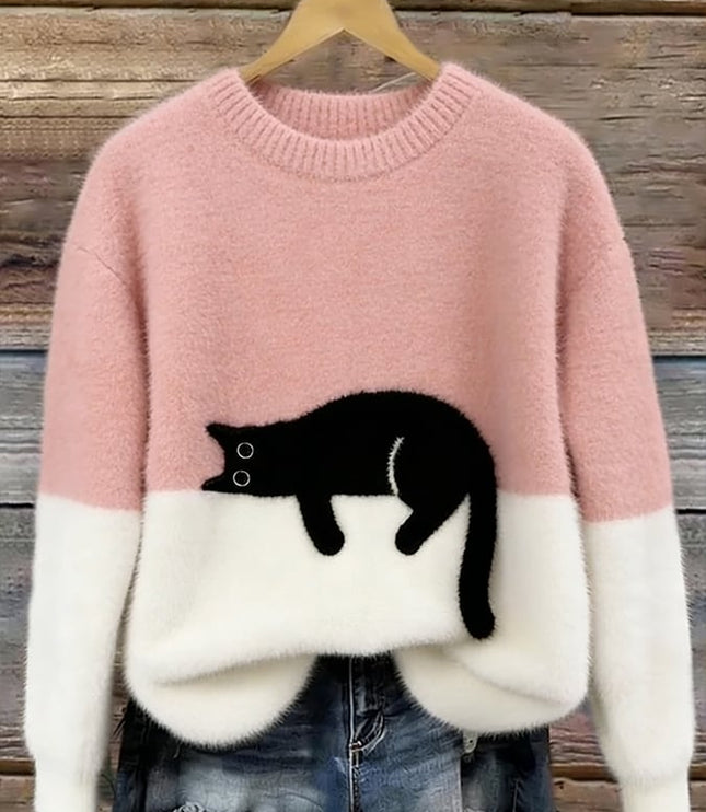 Women's Oversized Colour Block Jumper with Cat Motif