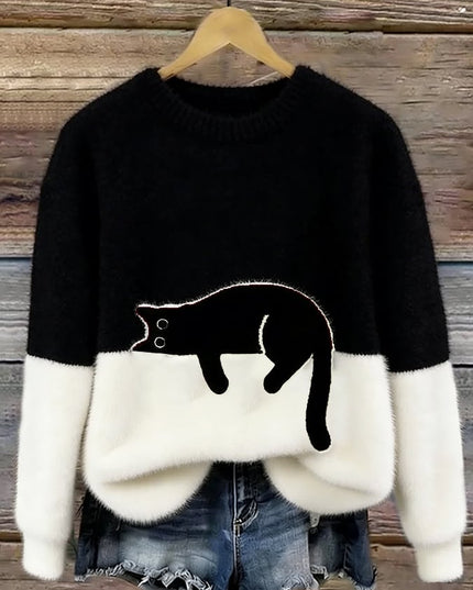 Women's Oversized Colour Block Jumper with Cat Motif