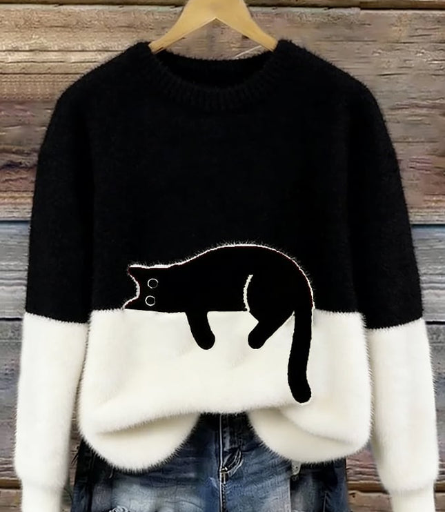 Women's Oversized Colour Block Jumper with Cat Motif