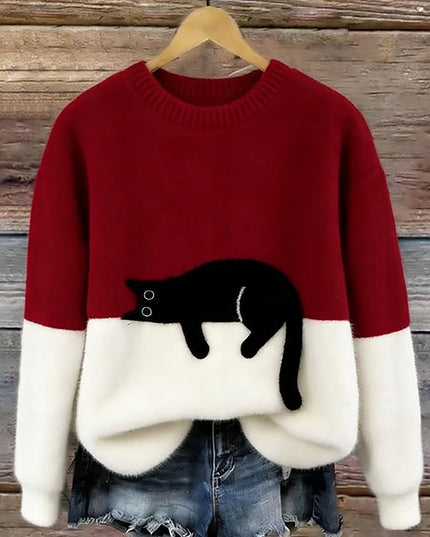 Women's Oversized Colour Block Jumper with Cat Motif