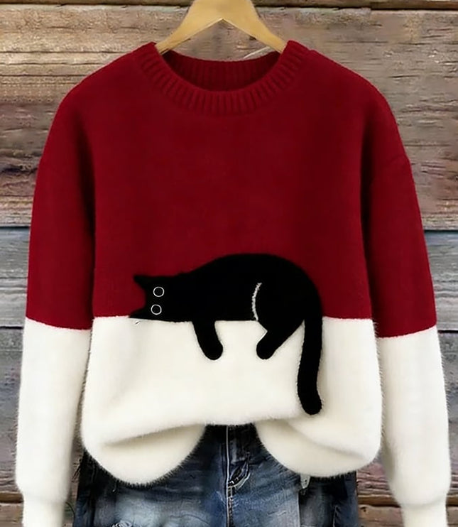 Women's Oversized Colour Block Jumper with Cat Motif