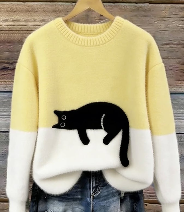 Women's Oversized Colour Block Jumper with Cat Motif
