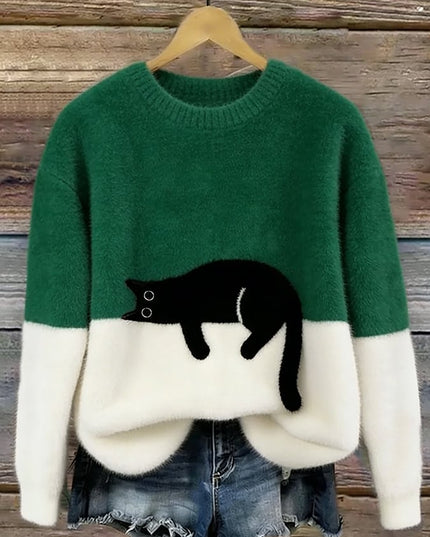 Women's Oversized Colour Block Jumper with Cat Motif