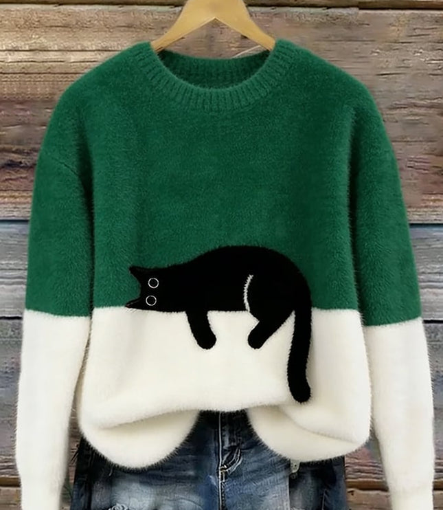 Women's Oversized Colour Block Jumper with Cat Motif