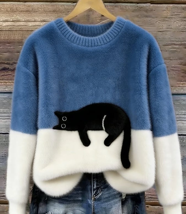 Women's Oversized Colour Block Jumper with Cat Motif