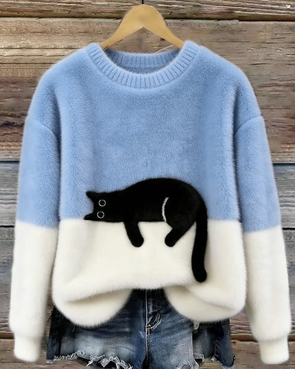 Women's Oversized Colour Block Jumper with Cat Motif