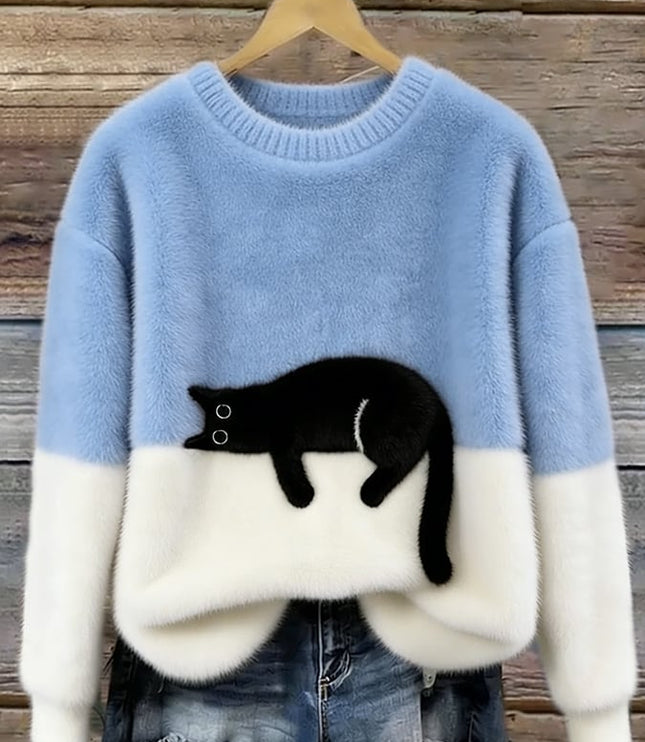 Women's Oversized Colour Block Jumper with Cat Motif