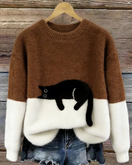 Women's Oversized Colour Block Jumper with Cat Motif