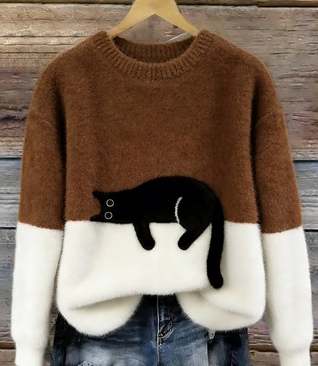 Women's Oversized Colour Block Jumper with Cat Motif