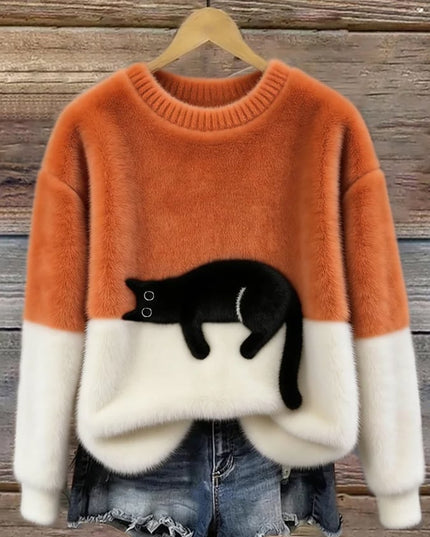 Women's Oversized Colour Block Jumper with Cat Motif