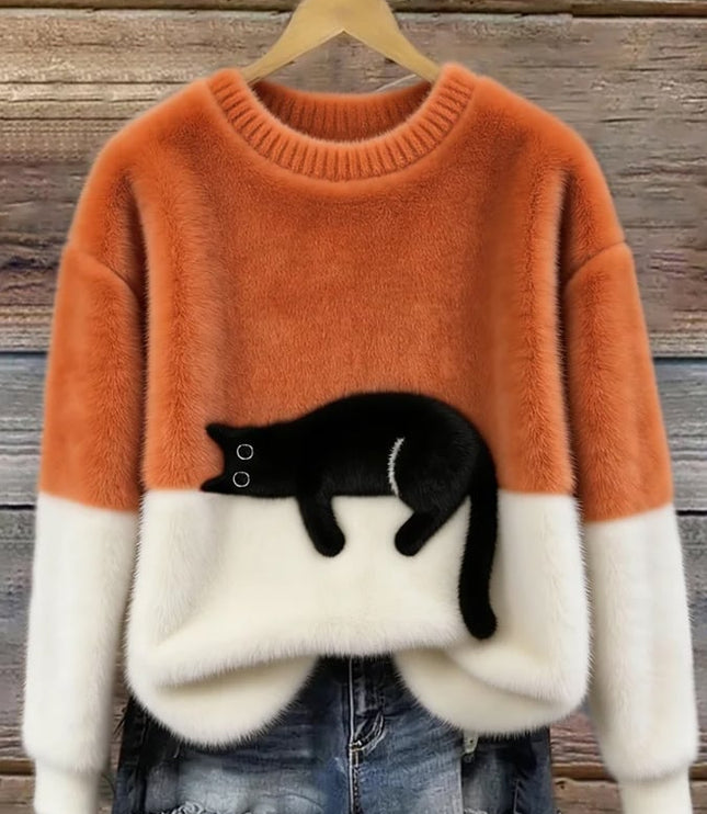 Women's Oversized Colour Block Jumper with Cat Motif