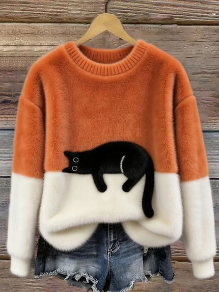 Women's Oversized Colour Block Jumper with Cat Motif