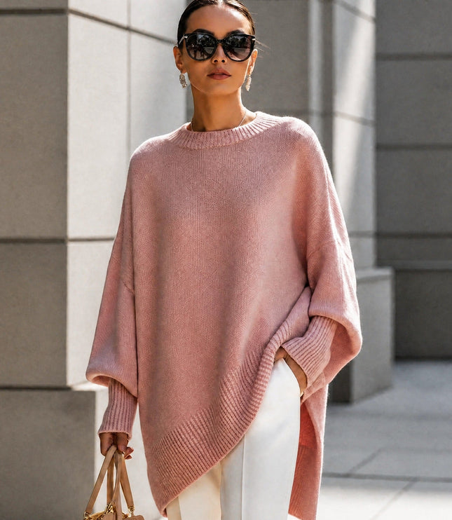 Women's Oversized Crew Neck Jumper with Asymmetric Hem