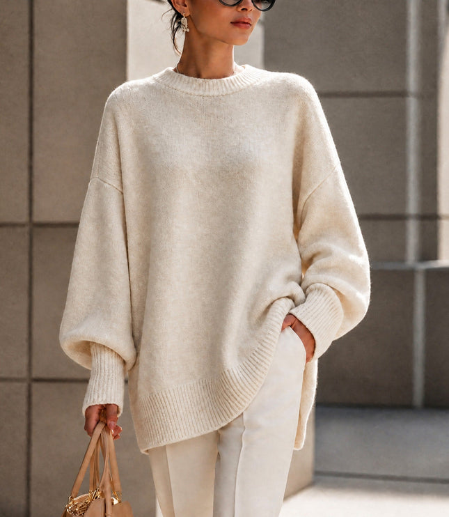 Women's Oversized Crew Neck Jumper with Asymmetric Hem