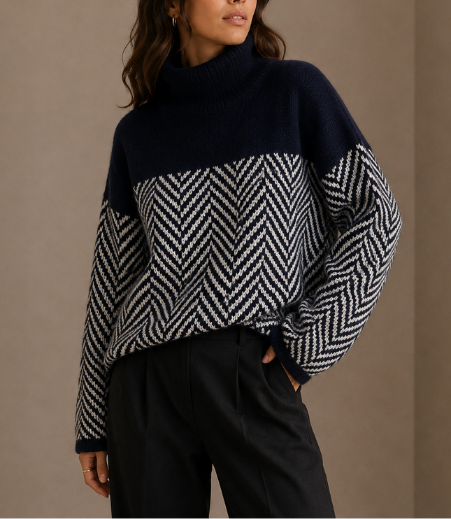 Women's Oversized Herringbone Jumper with Contrast Roll Neck