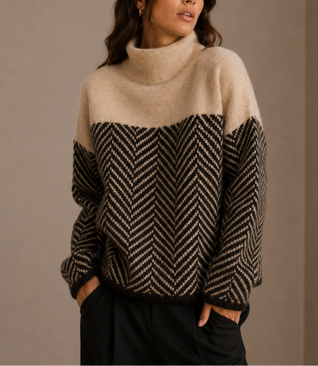 Women's Oversized Herringbone Jumper with Contrast Roll Neck
