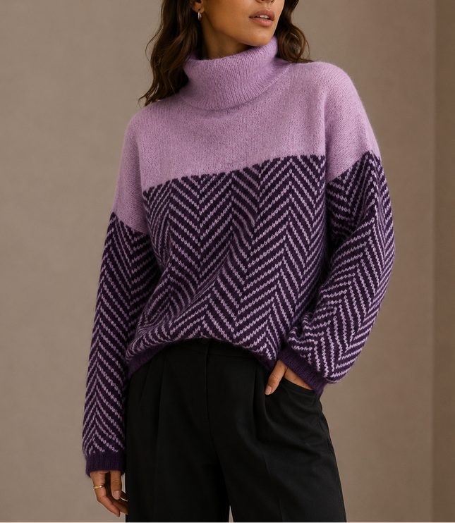 Women's Oversized Herringbone Jumper with Contrast Roll Neck