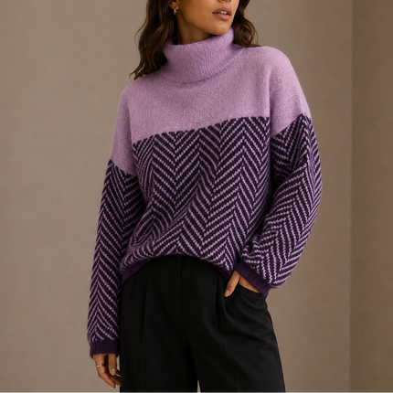 Women's Oversized Herringbone Jumper with Contrast Roll Neck