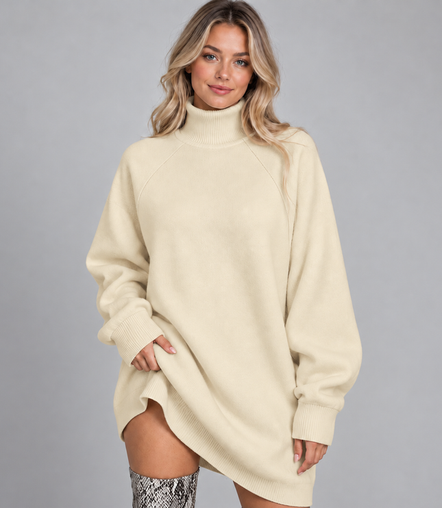 Women's Oversized High Neck Jumper Dress with Raglan Sleeves
