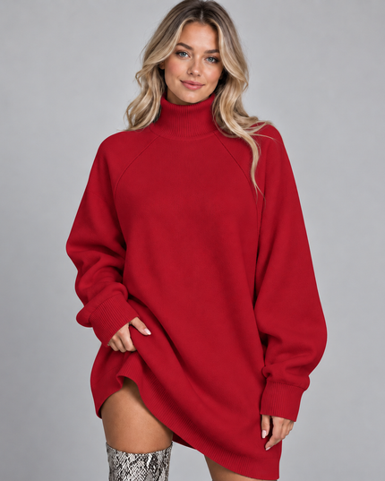 Women's Oversized High Neck Jumper Dress with Raglan Sleeves