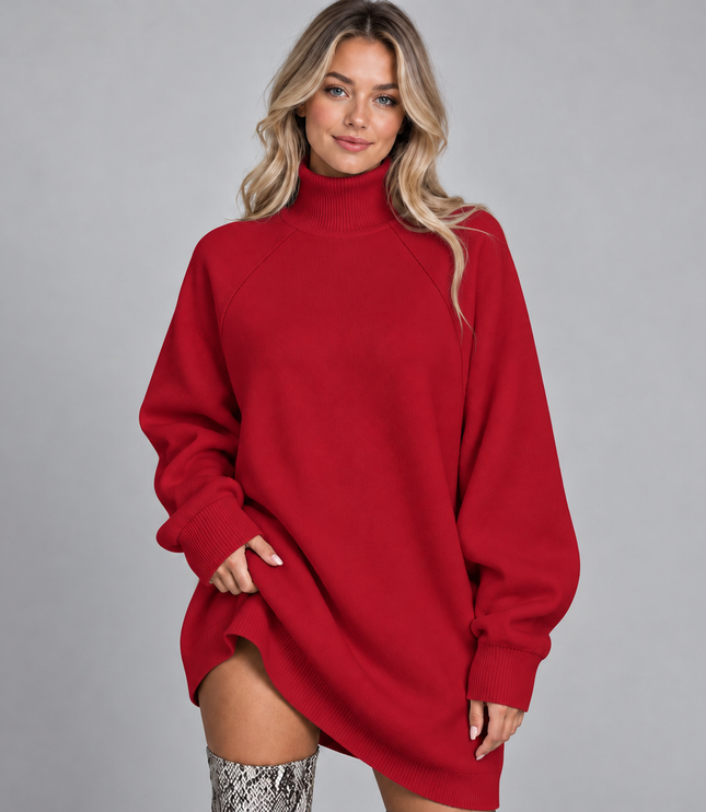 Women's Oversized High Neck Jumper Dress with Raglan Sleeves
