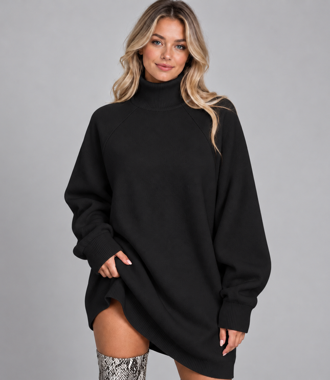 Women's Oversized High Neck Jumper Dress with Raglan Sleeves